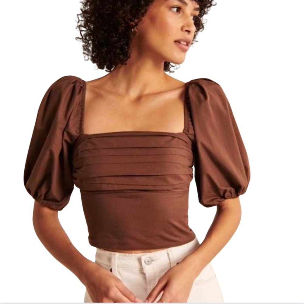 Abercrombie Chocolate Brown Puff Sleeve Square Neck Top S
